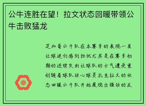 公牛连胜在望！拉文状态回暖带领公牛击败猛龙